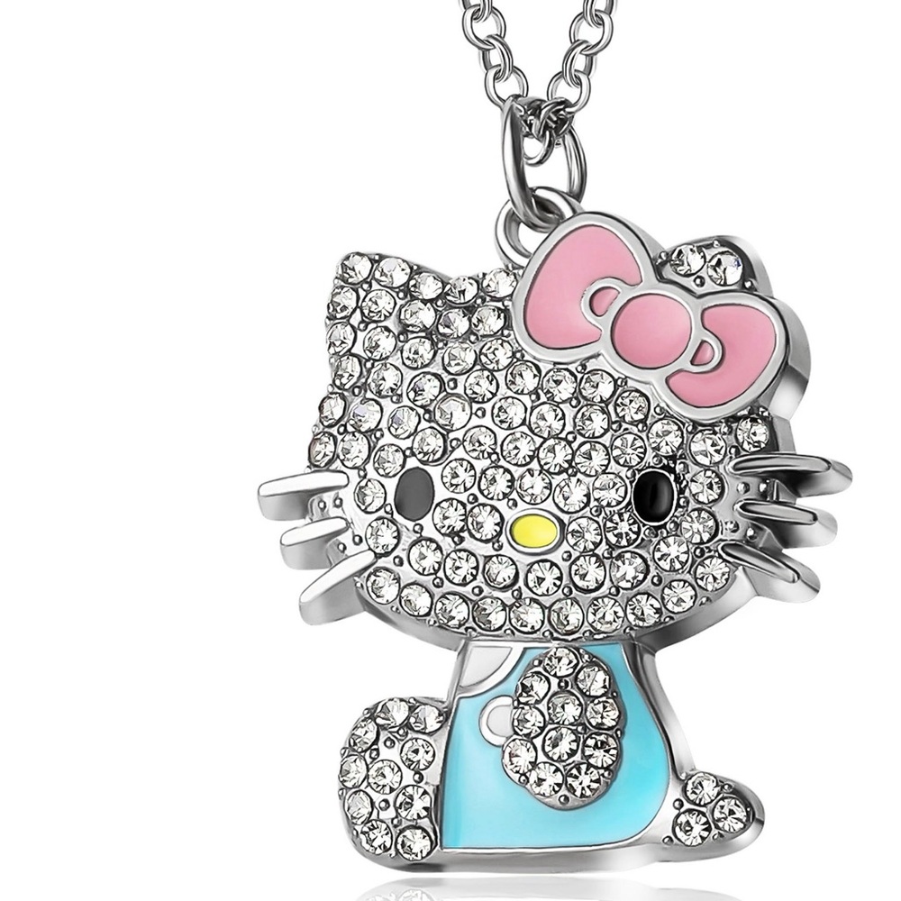 New Hello Kitty Sanrio RhinestonesPave Sparkling Necklace, sitting,blue,pink bow